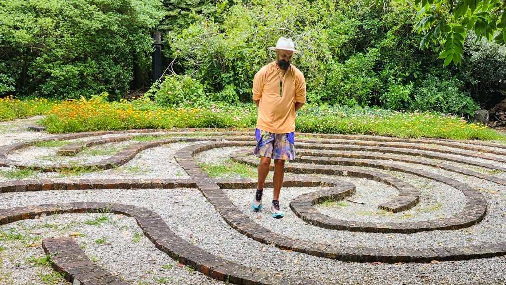 Jimi Hunt walking in a meditation labyrinth.